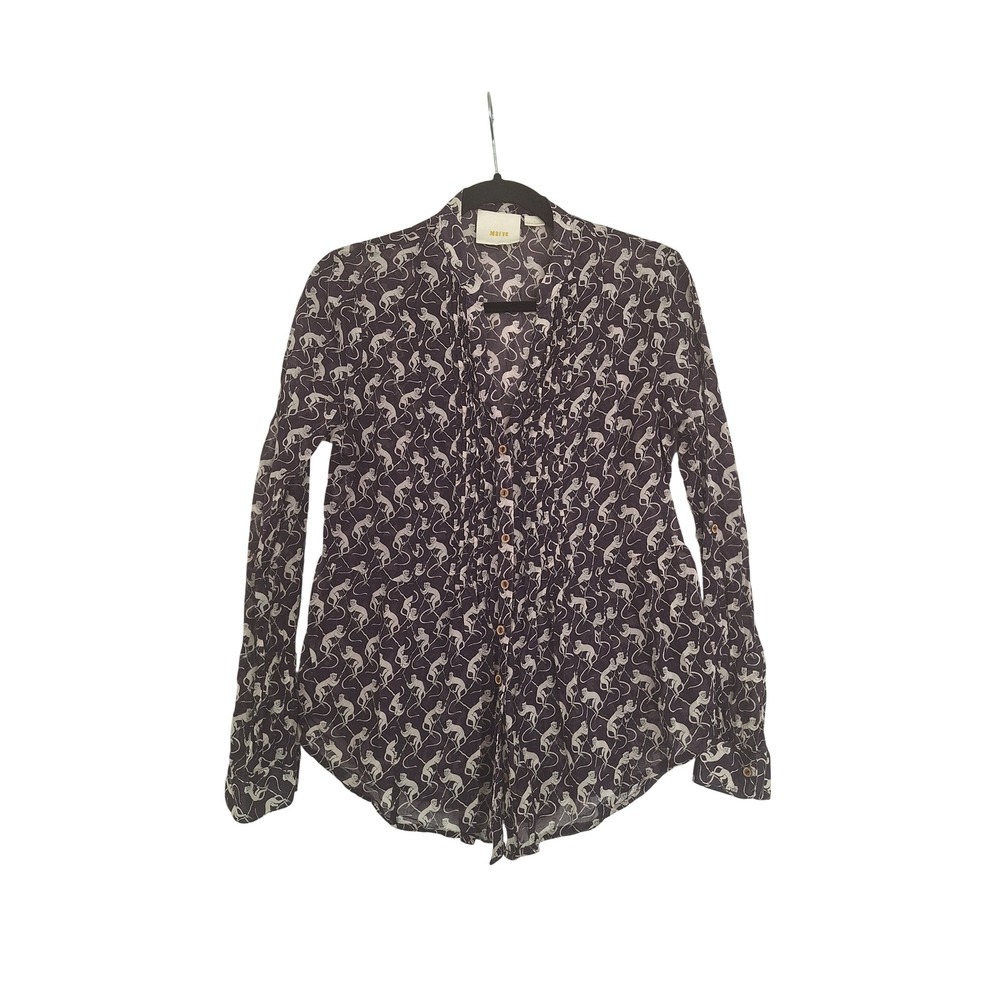 Maeve Anthropologie Purple Monkey Print Pintuck Cotton Blouse Size 4 Long Sleeve